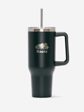Roots Dark Green Insulated Travel Mug with Handle and Straw